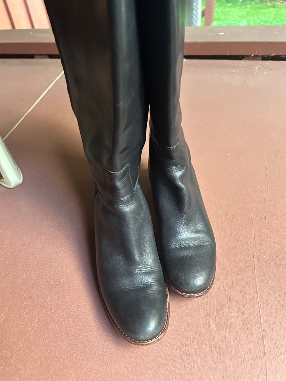 Cole Haan Wesley Black Leather Tall Boots with Brown Stacked Heel